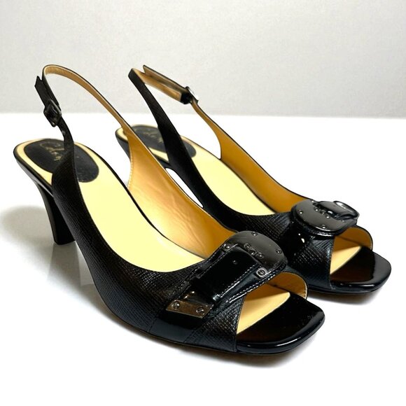 Cole Haan Black Textured Leather Peep Toe Sling Back Mid Heels Size 10 B - Picture 1 of 10